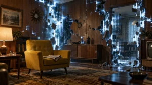 Illustration of a yellow armchair in a 1950s living room with the walls breaking into glowing digital circuitry, for the VisionQuest release schedule