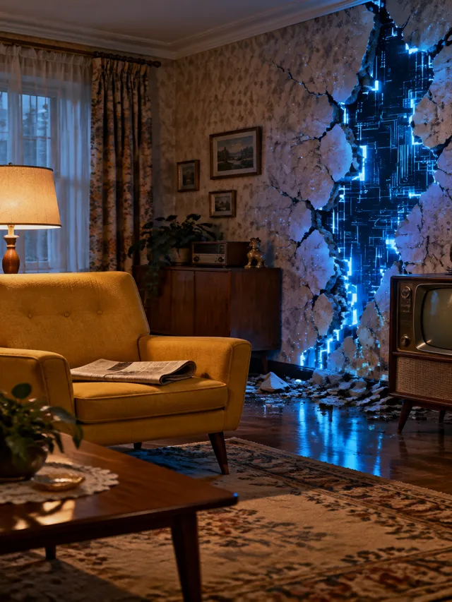 VisionQuest Release Schedule: Every Episode Date and Time 712 Illustration of a yellow armchair in a 1950s living room with a wall cracking into blue circuitry