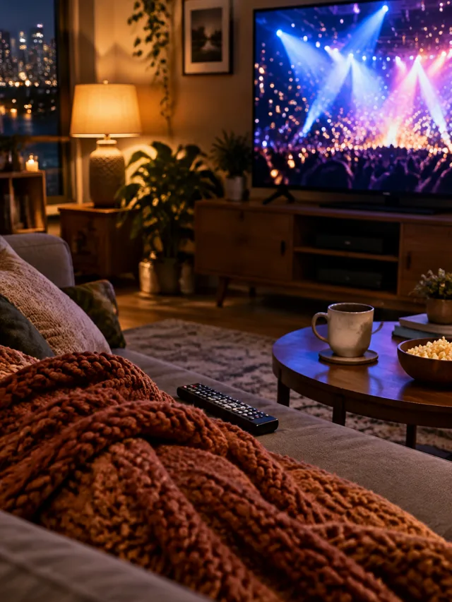 Illustration of a cozy living room with a glowing TV, poster for the where to watch Glee web story