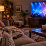 Where to Watch Glee: All 6 Seasons Streaming in the US 646 Illustration of a cozy living room with a TV glowing with stage lights, a remote and popcorn, for where to watch Glee