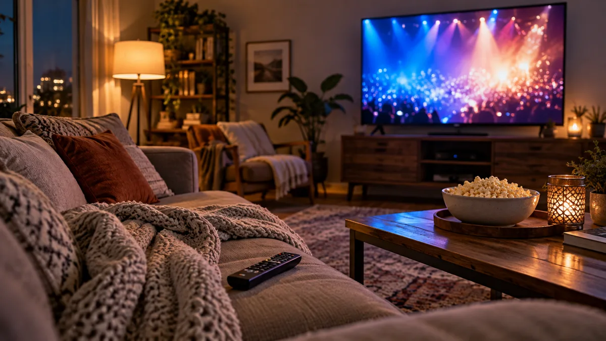 Illustration of a cozy living room with a TV glowing with stage lights, a remote and popcorn, for where to watch Glee