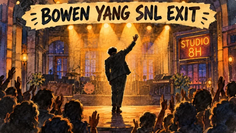 Why Did Bowen Yang Leave SNL? His Exit, the Farewell Sketch and What He's Doing Now 651 Hand-drawn editorial illustration of Bowen Yang taking a final bow on the SNL stage after his exit from the show