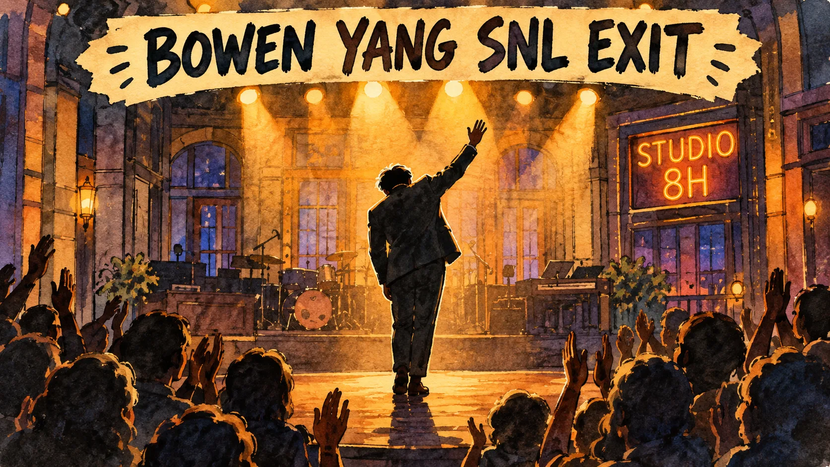 Hand-drawn editorial illustration of Bowen Yang taking a final bow on the SNL stage after his exit from the show